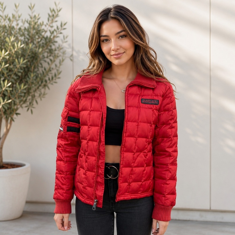 Harley-Davidson Puffer Jacket Women's Small Quilted Down Red Biker Motorcycles